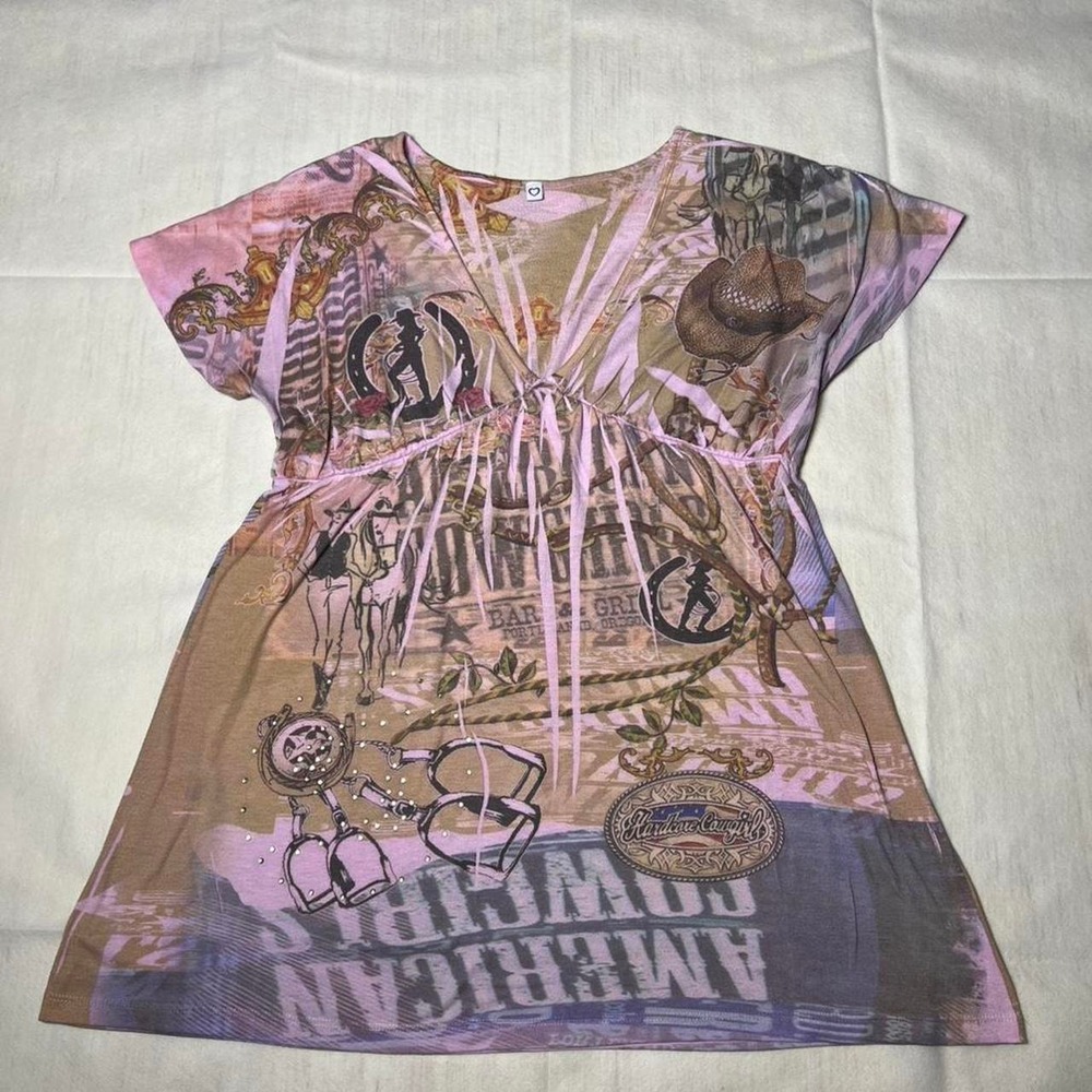 Y2K style American cowgirls pink graphic babydoll top